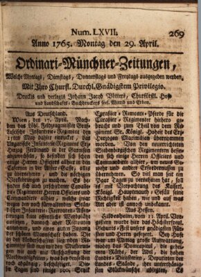 Ordinari-Münchner-Zeitungen (Süddeutsche Presse) Montag 29. April 1765