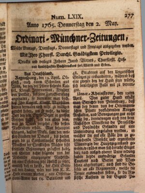 Ordinari-Münchner-Zeitungen (Süddeutsche Presse) Donnerstag 2. Mai 1765