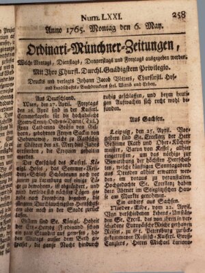 Ordinari-Münchner-Zeitungen (Süddeutsche Presse) Montag 6. Mai 1765