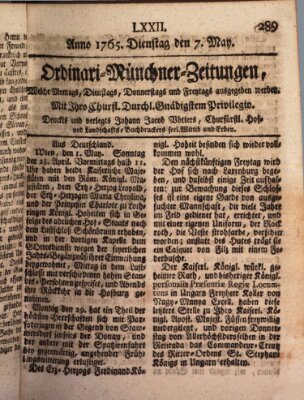 Ordinari-Münchner-Zeitungen (Süddeutsche Presse) Dienstag 7. Mai 1765