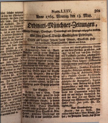 Ordinari-Münchner-Zeitungen (Süddeutsche Presse) Montag 13. Mai 1765