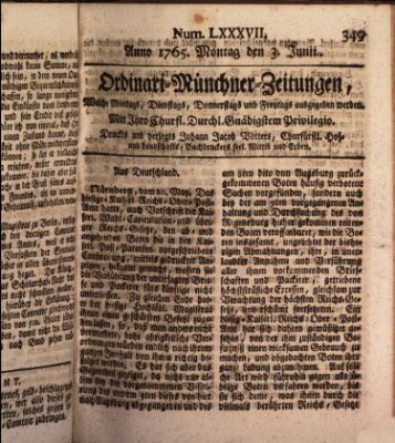 Ordinari-Münchner-Zeitungen (Süddeutsche Presse) Montag 3. Juni 1765