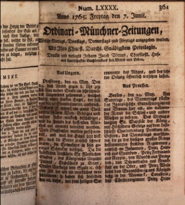 Ordinari-Münchner-Zeitungen (Süddeutsche Presse) Freitag 7. Juni 1765