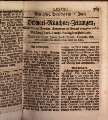 Ordinari-Münchner-Zeitungen (Süddeutsche Presse) Dienstag 11. Juni 1765