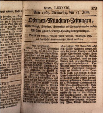 Ordinari-Münchner-Zeitungen (Süddeutsche Presse) Donnerstag 13. Juni 1765