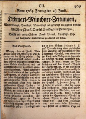 Ordinari-Münchner-Zeitungen (Süddeutsche Presse) Freitag 28. Juni 1765