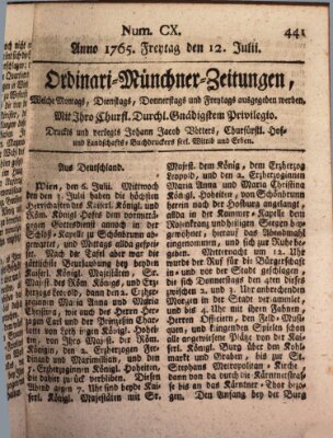 Ordinari-Münchner-Zeitungen (Süddeutsche Presse) Freitag 12. Juli 1765