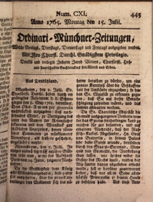 Ordinari-Münchner-Zeitungen (Süddeutsche Presse) Montag 15. Juli 1765