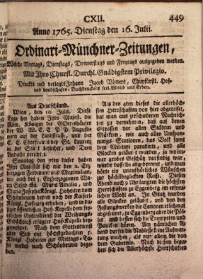 Ordinari-Münchner-Zeitungen (Süddeutsche Presse) Dienstag 16. Juli 1765