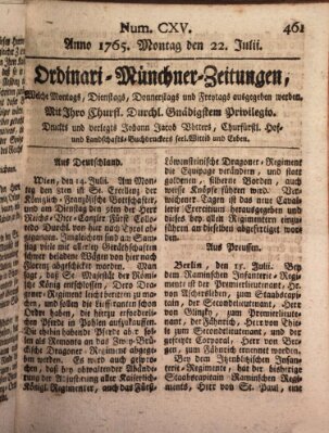 Ordinari-Münchner-Zeitungen (Süddeutsche Presse) Montag 22. Juli 1765