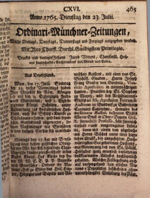 Ordinari-Münchner-Zeitungen (Süddeutsche Presse) Dienstag 23. Juli 1765