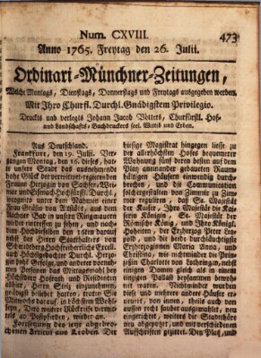 Ordinari-Münchner-Zeitungen (Süddeutsche Presse) Freitag 26. Juli 1765