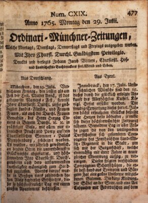 Ordinari-Münchner-Zeitungen (Süddeutsche Presse) Montag 29. Juli 1765