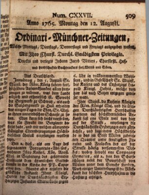 Ordinari-Münchner-Zeitungen (Süddeutsche Presse) Montag 12. August 1765