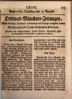 Ordinari-Münchner-Zeitungen (Süddeutsche Presse) Dienstag 13. August 1765