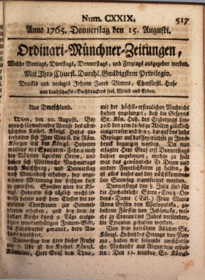 Ordinari-Münchner-Zeitungen (Süddeutsche Presse) Donnerstag 15. August 1765