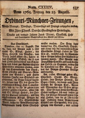 Ordinari-Münchner-Zeitungen (Süddeutsche Presse) Freitag 23. August 1765