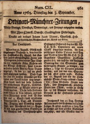 Ordinari-Münchner-Zeitungen (Süddeutsche Presse) Dienstag 3. September 1765