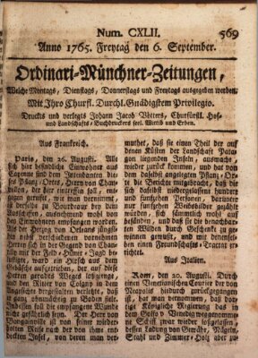 Ordinari-Münchner-Zeitungen (Süddeutsche Presse) Freitag 6. September 1765