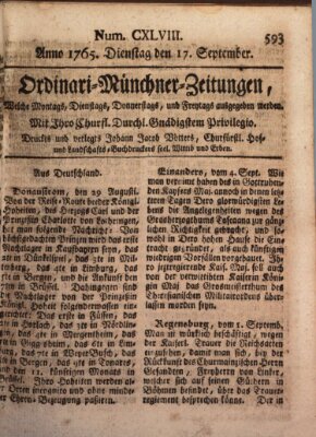 Ordinari-Münchner-Zeitungen (Süddeutsche Presse) Dienstag 17. September 1765