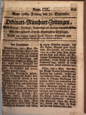 Ordinari-Münchner-Zeitungen (Süddeutsche Presse) Freitag 20. September 1765