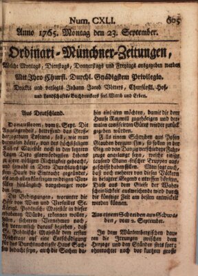 Ordinari-Münchner-Zeitungen (Süddeutsche Presse) Montag 23. September 1765