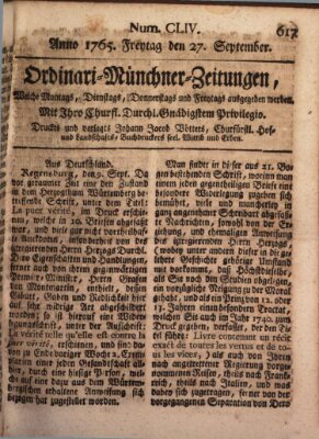 Ordinari-Münchner-Zeitungen (Süddeutsche Presse) Freitag 27. September 1765