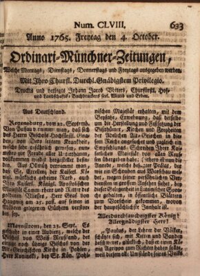 Ordinari-Münchner-Zeitungen (Süddeutsche Presse) Freitag 4. Oktober 1765