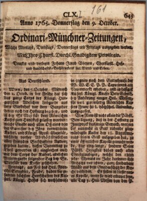 Ordinari-Münchner-Zeitungen (Süddeutsche Presse) Mittwoch 9. Oktober 1765