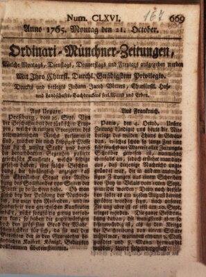 Ordinari-Münchner-Zeitungen (Süddeutsche Presse) Montag 21. Oktober 1765