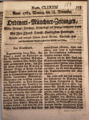 Ordinari-Münchner-Zeitungen (Süddeutsche Presse) Montag 18. November 1765