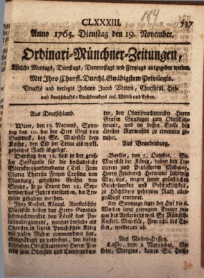 Ordinari-Münchner-Zeitungen (Süddeutsche Presse) Dienstag 19. November 1765