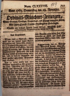 Ordinari-Münchner-Zeitungen (Süddeutsche Presse) Donnerstag 28. November 1765