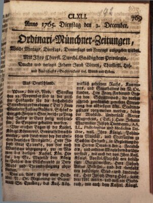 Ordinari-Münchner-Zeitungen (Süddeutsche Presse) Dienstag 3. Dezember 1765