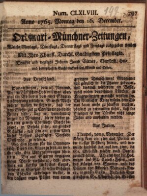 Ordinari-Münchner-Zeitungen (Süddeutsche Presse) Montag 16. Dezember 1765