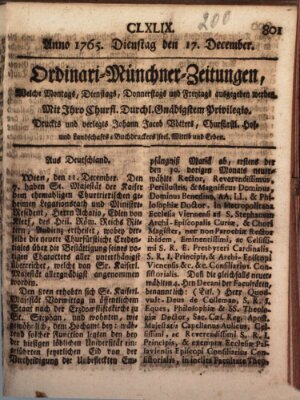 Ordinari-Münchner-Zeitungen (Süddeutsche Presse) Dienstag 17. Dezember 1765