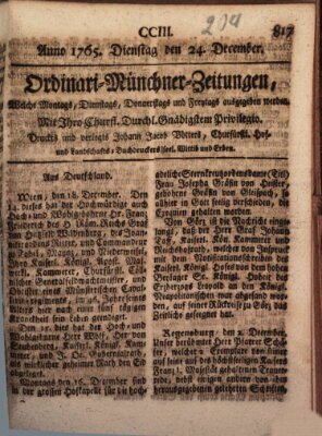 Ordinari-Münchner-Zeitungen (Süddeutsche Presse) Dienstag 24. Dezember 1765