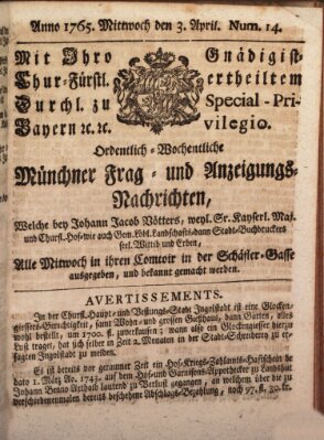 Ordinari-Münchner-Zeitungen (Süddeutsche Presse) Mittwoch 3. April 1765