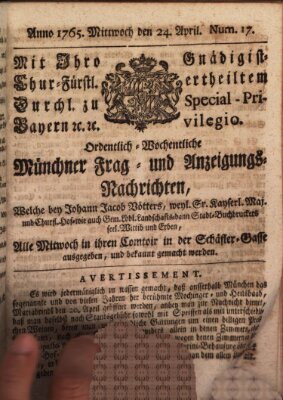 Ordinari-Münchner-Zeitungen (Süddeutsche Presse) Mittwoch 24. April 1765