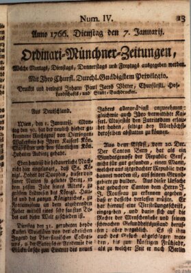 Ordinari-Münchner-Zeitungen (Süddeutsche Presse) Dienstag 7. Januar 1766