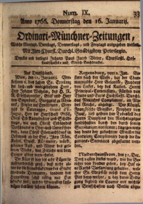 Ordinari-Münchner-Zeitungen (Süddeutsche Presse) Donnerstag 16. Januar 1766