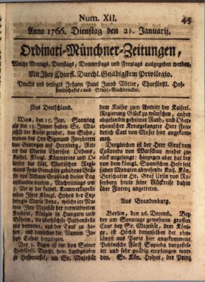 Ordinari-Münchner-Zeitungen (Süddeutsche Presse) Dienstag 21. Januar 1766