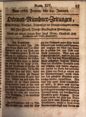 Ordinari-Münchner-Zeitungen (Süddeutsche Presse) Freitag 24. Januar 1766