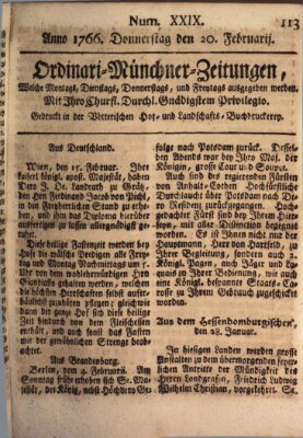 Ordinari-Münchner-Zeitungen (Süddeutsche Presse) Donnerstag 20. Februar 1766