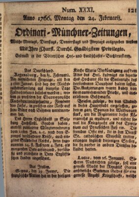 Ordinari-Münchner-Zeitungen (Süddeutsche Presse) Montag 24. Februar 1766