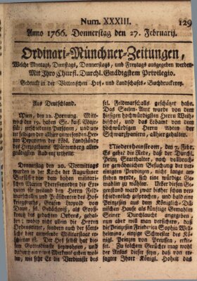 Ordinari-Münchner-Zeitungen (Süddeutsche Presse) Donnerstag 27. Februar 1766