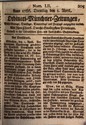 Ordinari-Münchner-Zeitungen (Süddeutsche Presse) Dienstag 1. April 1766