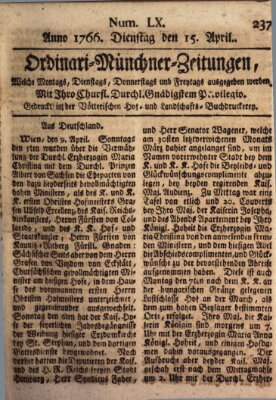 Ordinari-Münchner-Zeitungen (Süddeutsche Presse) Dienstag 15. April 1766