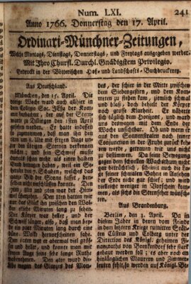 Ordinari-Münchner-Zeitungen (Süddeutsche Presse) Donnerstag 17. April 1766