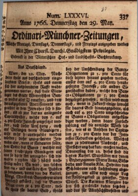 Ordinari-Münchner-Zeitungen (Süddeutsche Presse) Donnerstag 29. Mai 1766